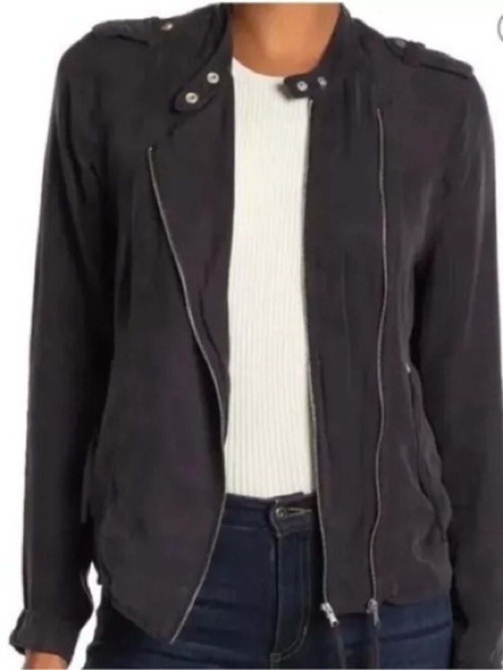 Blank NYC Black Cropped Lightweight Moto Jacket Silver Zip Details Cupro Rayon
